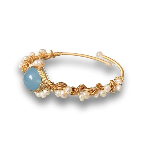 Ocean Bloom – 14K Gold Plated Pearl &amp; Chalcedony Bracelet - g-essence